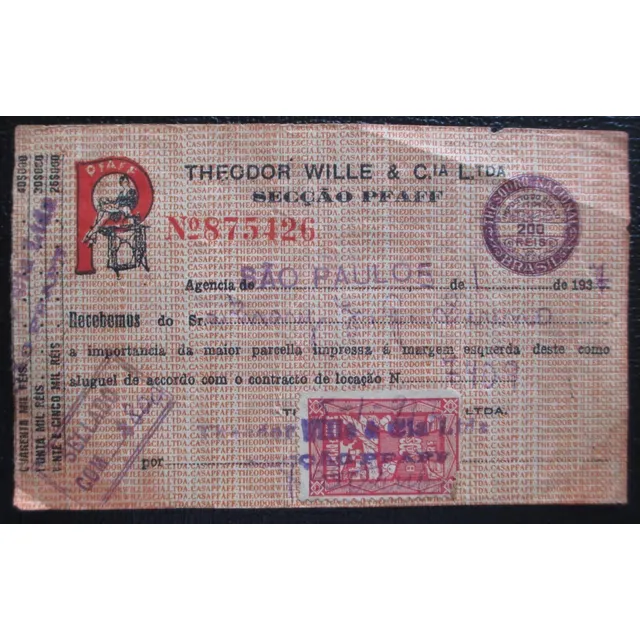 D0267 - Recibo De 1937 Máquina De Costura Pfaff De 25$ooo Re