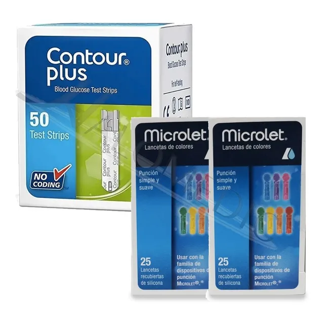 Contour Plus Paquete 50 Tiras Y 50 Lancetas Para Glucómetro