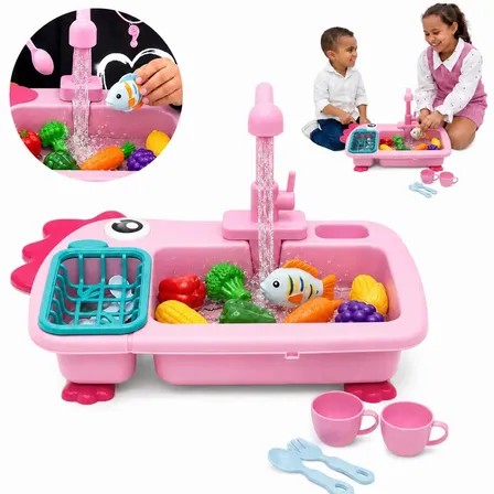Brinquedo Pia Lava Louça Infantil Cozinha Dino Pescaria Torneira Acessórios Cozinha Infantil Rosa