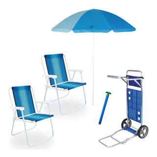 2 Cadeiras De Praia + Carrinho C Avanço + Guarda Sol 1,50m 2 Cadeiras De Praia + Carrinho C Avanço + Guarda Sol 1,50m