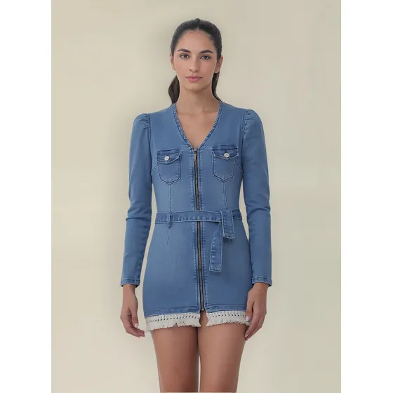 Vestido Elastizado De Jean Con Broderie  Calidad Premium