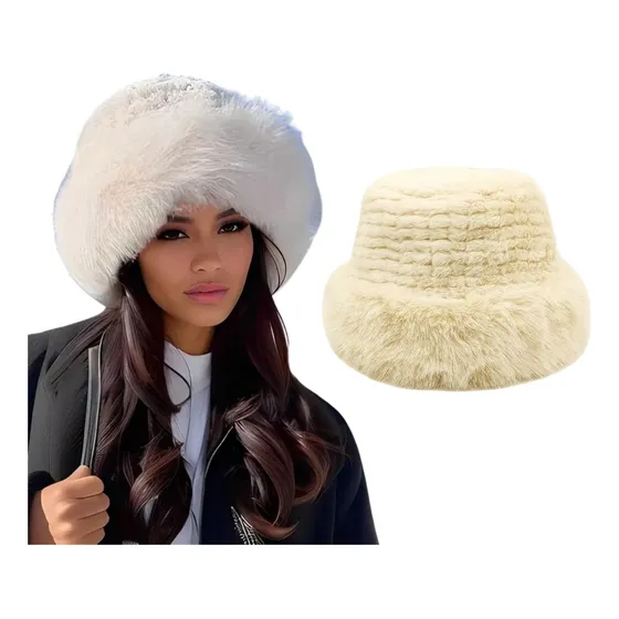 Gorro Invierno Bucket  Peluche Beige Unico Lisa