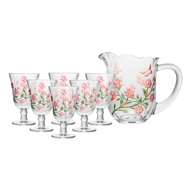 Jogo de 7 copos e 1 jarra decorados floral