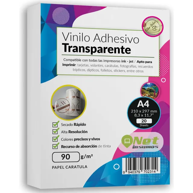 Papel Vinilo Adhesivo Transparente Imprimible Inkjet A4 20h