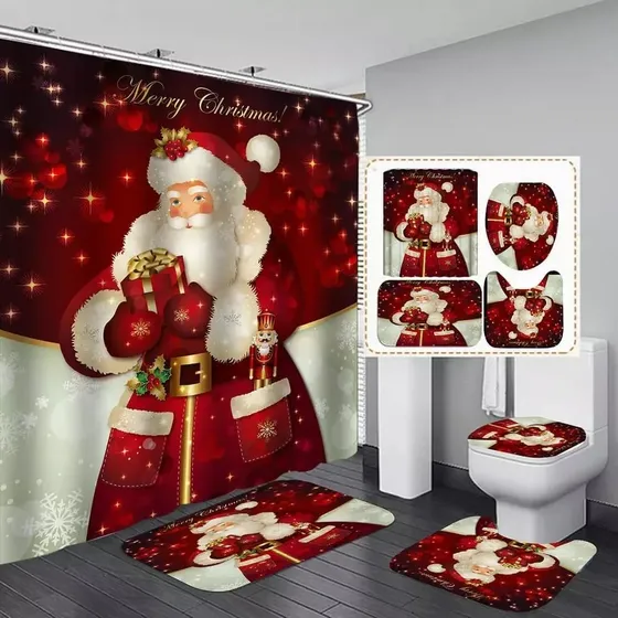 Juegos De Baño Navideños Cortina De Ducha Impermeable Fundas Color Rojo Rich Santa Claus