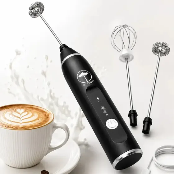 Mini Mixer Elétrico Mateiro 2 Em 1 Preto Misturador Batedeira Bebidas Ovos Whey Café Leite Shake Cap