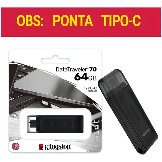 Pendrive Kingston DataTraveler 70 DT70 TIPO C 64GB 3.2 Gen 1 preto