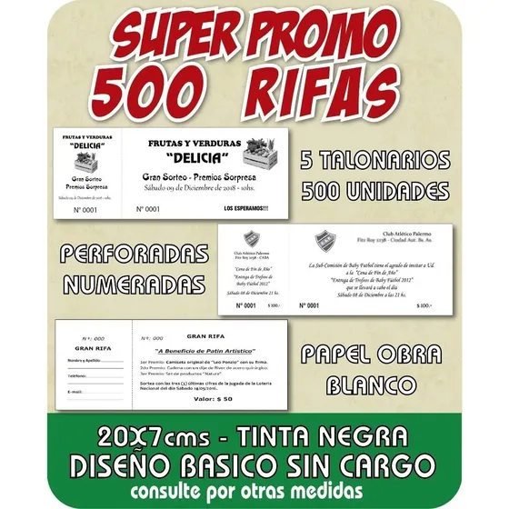 Rifas/bonos/tickets Numerados Papel Obra 5 Talonario/500 Uni