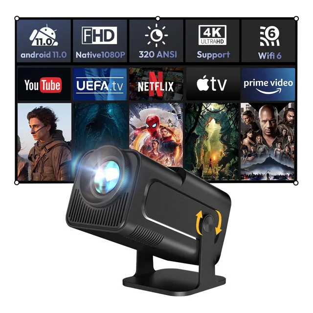Mini proyector Hocosit Inteligente Gimbal5 Android 11 Full HD Nativo 1080p 4k Soporte 5G Wifi Bluetooth 5.0 Home Movie Proyector eléctrico Focu Auto Keystone 180 giratorio para PC/LAP/PS5 Negro Mate