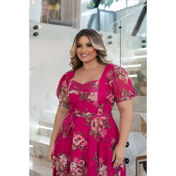 Vestido Midi Tule Estampado Evangélico Festa Casual