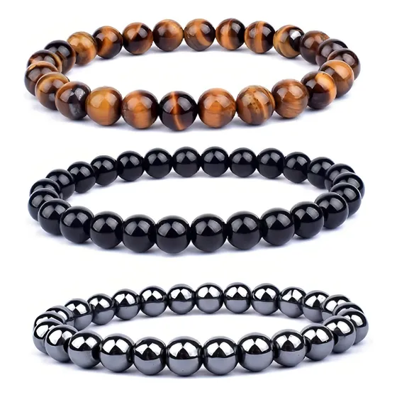 3 Pulseiras Hematita Olho De Tigre Onix - Proteção Diâmetro 20 Cm