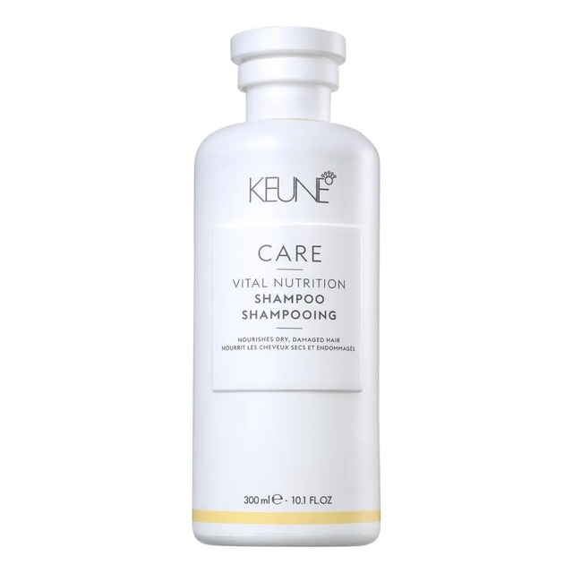 Frasco branco de shampoo Keune Care Vital Nutrition de 300ml com rótulo minimalista sobre fundo branco
