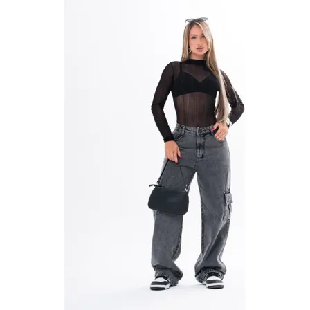 Calça Feminina Jeans Cargo Grafite Cintura Alta Confortável