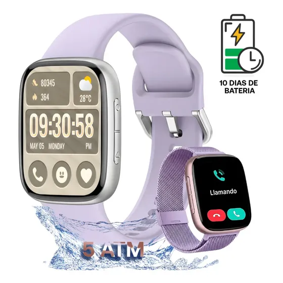 Reloj Inteligente Mujer Sumergible Smartbit Swim Lila Smartwatch Sumergible 50 Metros Natacion Brazadas Distancia Bateria 10 Dias Larga Duracion Deportivo Llamadas Mensajes Cuadrado Malla Extra