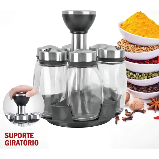 Porta Condimento Giratório 6 Potes Vidro com Tampas Ajustáveis em Aço Inox - Design Moderno para a Cozinha - Marca Lorben