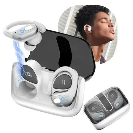 Basike Fone De Ouvido Sem Fio Esportivo Bluetooth6.0TWS, Corrida Gancho, à prova d'água, Com Gan, Tela LED Dupla, Suporta chamadas de voz, adequadas para Android e IOS, Cor Branco