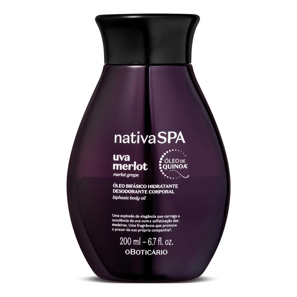 Frasco de Óleo Bifásico Hidratante Nativa Spa Uva Merlot da O Boticário de 200ml com tampa preta e rótulo roxo escuro