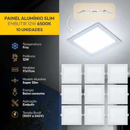 Kit 10 Painel Led Plafon Aluminio Embutir 12w 6500K Branco Frio 17x17Cm Quadrado Cod: ALUT001977-10 Alut By Avant