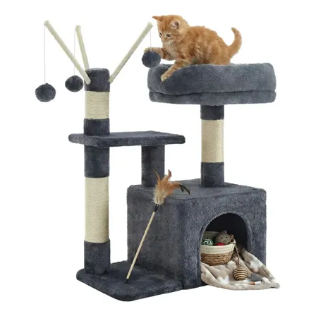 Arranhador Para Gatos Com 3 Pompoms, Casa Para Gatos Pequena Cor Cinza
