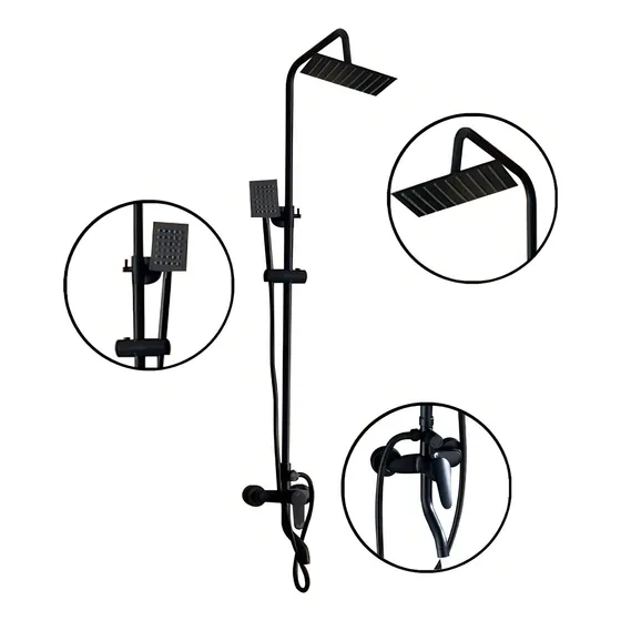 Regadera de Baño Cuadrada Solana Modelo Vintage Negra con Tuberia Expuesta | Salida De Agua Superior Modo Lluvia Y Regadera De Mano Con Llave Inferior | Sistema Monomando
