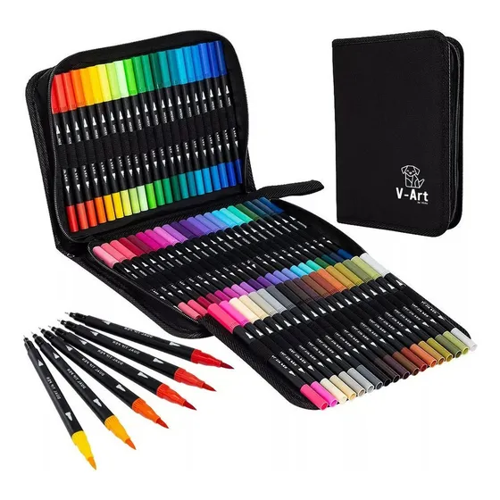 Marcadores Doble Punta Resaltador Fibra Estuche X 60 Colores V-art By Vicky