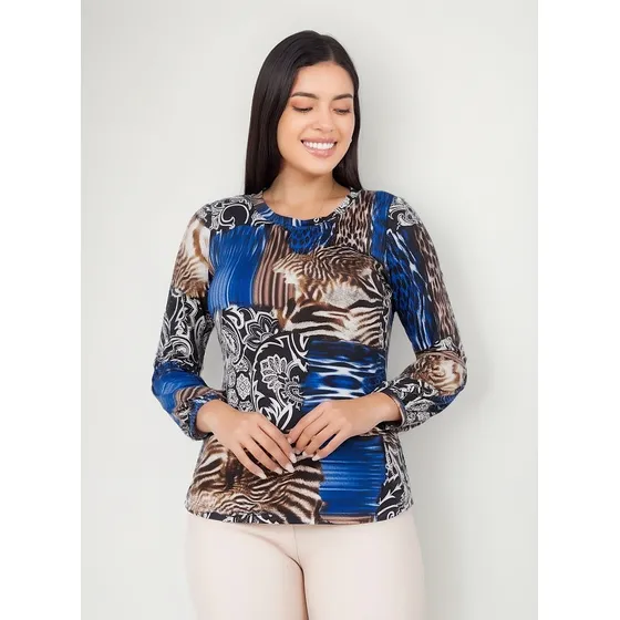 Blusa M/l Norinha Polyester Licrado Estampado Marron