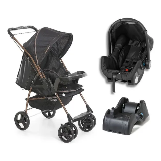 Carrinho Milano Preto Cobre + Bebe Conforto + Base Galzerano