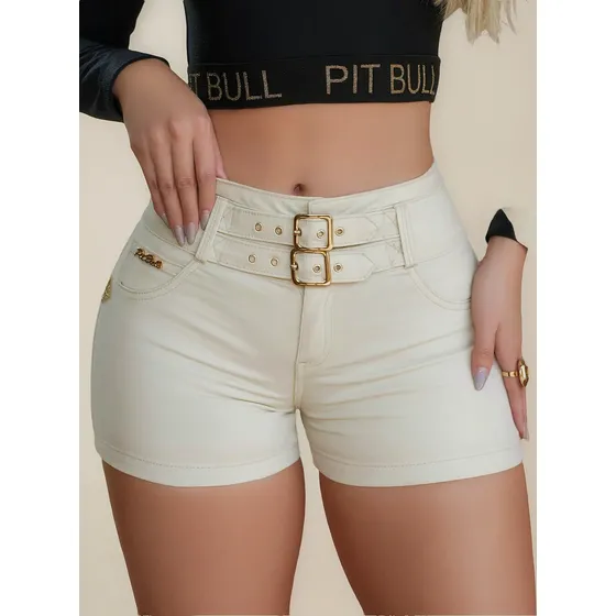 Shorts Feminino Pit Bull Jeans Collor Com Bojo E Cinto 82017