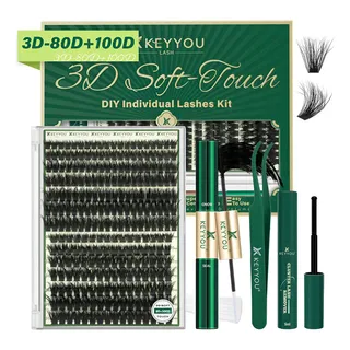 Kit De Extensões De Cílios Diy Keyyou 3d 80d+100d Comprimento 1.6 cm Cor 3D-80D+100D Espessura 0.07 mm Tipo de curvatura D