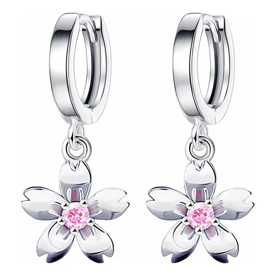 Aros De Flor Rosada Plata 925 Moda Flores Mujer Colgante