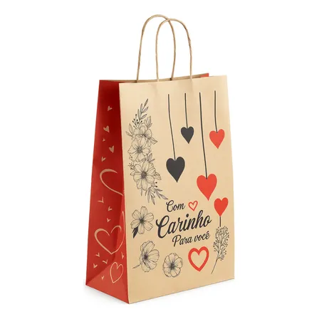 Sacola Kraft Para Presente - 50 Unidades - M (34x12x22) Bege Corações