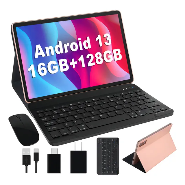 Tablet 10 Pulgadas Android 13 16GB RAM+128GB Memoria Rápida, Octa-Cores Súper, WiFi 6(5G+2.4G), BT 5.0, GMS Certified, 13MP+5MP, 8000mAh, Cuerpo Metálico con Funda, Teclado y Ratón Dorado