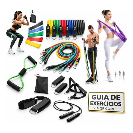 Kit 20 Itens: Elasticos Extensores + 5 Mini bands + 1 Corda de Pular + 1 Cross tube + 1 Thera Band + Guia de Exercícios Cardio- Fisioterapia - Pilates- Academia- Treino em Casa Reativo Sport e Fitness