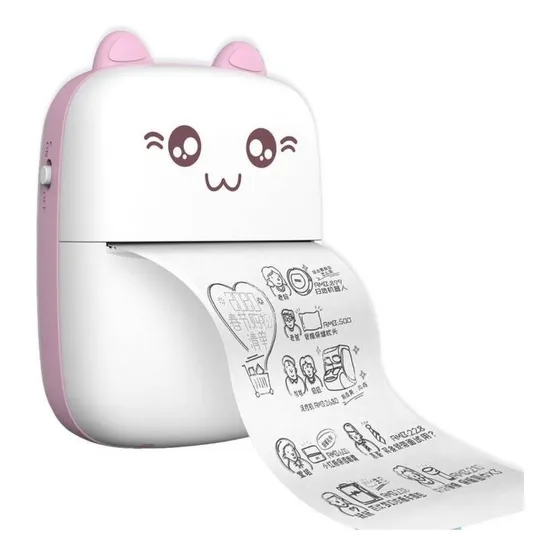 Mini Impresora Térmica Portátil Bluetooth Gatito + 1 Rollo Color Rosa