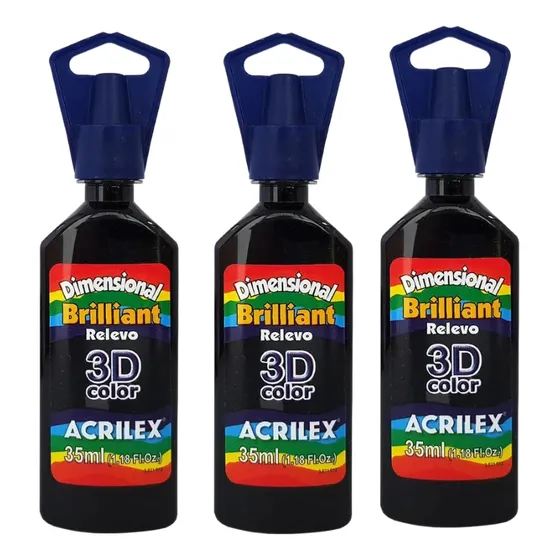Tinta Relevo 3d Brilhante Acrilex Preto Kit 3 Unid