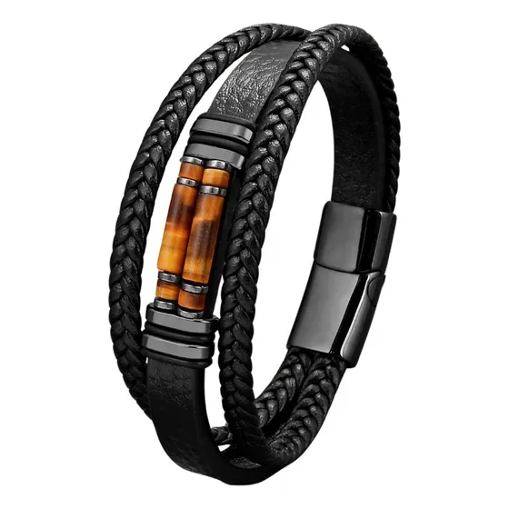Pulsera Cuero Piedra Ojo De Tigre Black Hombre Moda 2025