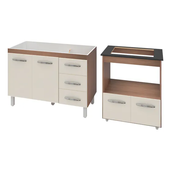 Moblis Móveis gabinete para pia de 120cm e balcão cooktop 4 bocas e forno cor savana frente off-white