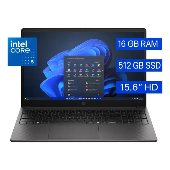 Notebook HP 250R G10 Intel Core 5 120U 16GB RAM DDR5 512GB SSD 15.6" HD 1366x768 px Intel Iris Xe Graphics 80EU Wi-Fi 6 (802.11ax) Teclado Español Windows 11 Home Color Gris Ceniza Oscuro