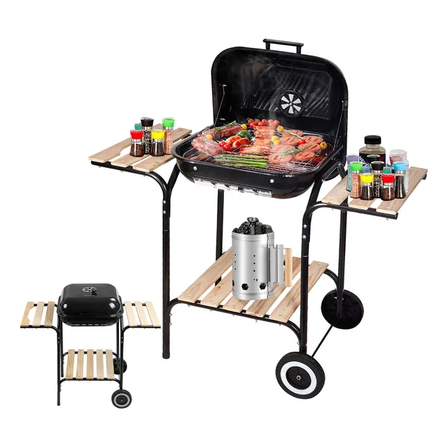 Sangkee K10135 asador de carbón 47cm x 45cm parrilla grill para ahumador al aire libre con mesas auxiliares 3 estantes de almacenamiento de madera con ruedas color negro