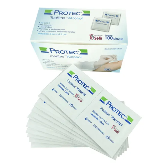 Toallitas Con Alcohol Protec 3x6.5 Cm. Caja Con 100 Pzas.