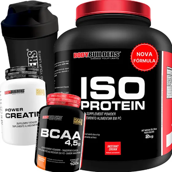 Kit Whey Protein Isolado 2kg Bodybuilders + Creatina + Bcaa + Shaker Sabor Morango