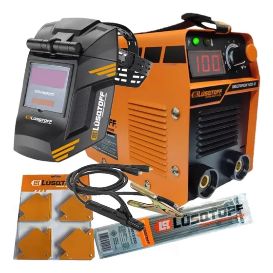 Soldadora Inverter Lusqtoff Iron 100 + Mascara + Electrodos + 4 Escuadras Magnetica Maquina Soldar Fotosensible + Cables