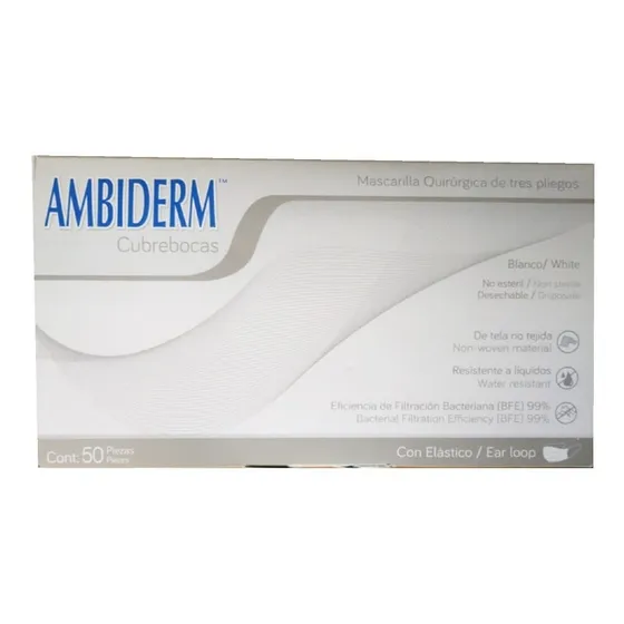 Cubre Bocas 3 Pliegos Ambiderm Blanco Caja C/50