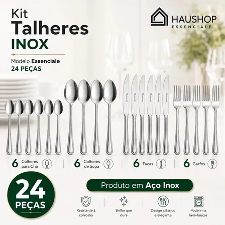 Faqueiro Inox 24 Peças Essenciale Haushop Jogo De Talheres Conjunto Mesa Posta Premium Resistente