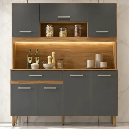 Kit Armário Gabinete Cozinha 7 Portas E 1 Gaveta Organizador Magazine Design Moderno Cor Freijó Chumbo