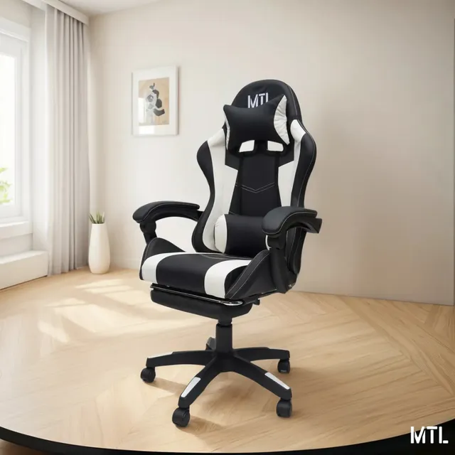 Silla Gamer Ergonómica Ajustable Reforzada Cuero Sintético Color Blanco/Negro