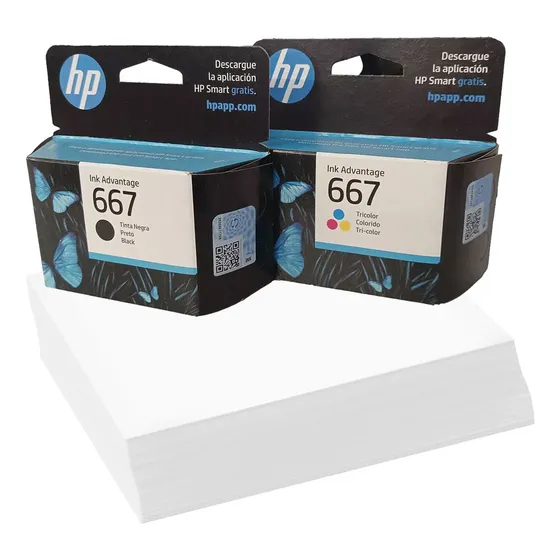 Kit X2 Cartuchos Originales + Resma A4 Hp 667 Impresora 2375