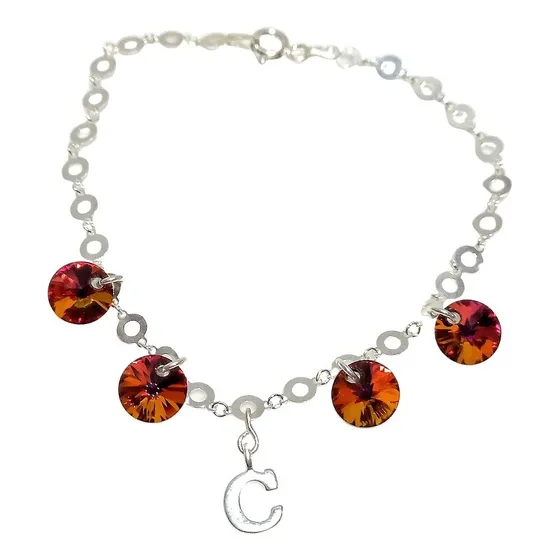 Pulsera Letra Personalizada, Cristal Genuino, Círculos Plata
