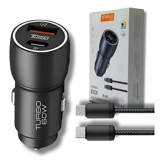 Carregador Veicular Turbo 60w Kit Com Cabo Automotivo Carro