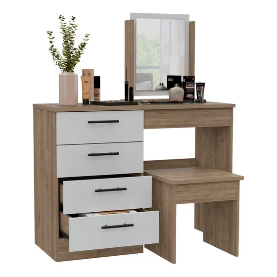 Mueble Tocador Kaia + Banca Rta Miel Blanco Color Marrón claro